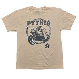 Indie Grunge Biker T-Shirt Mens Large Tan Graphic Motorcycle Chain Star
